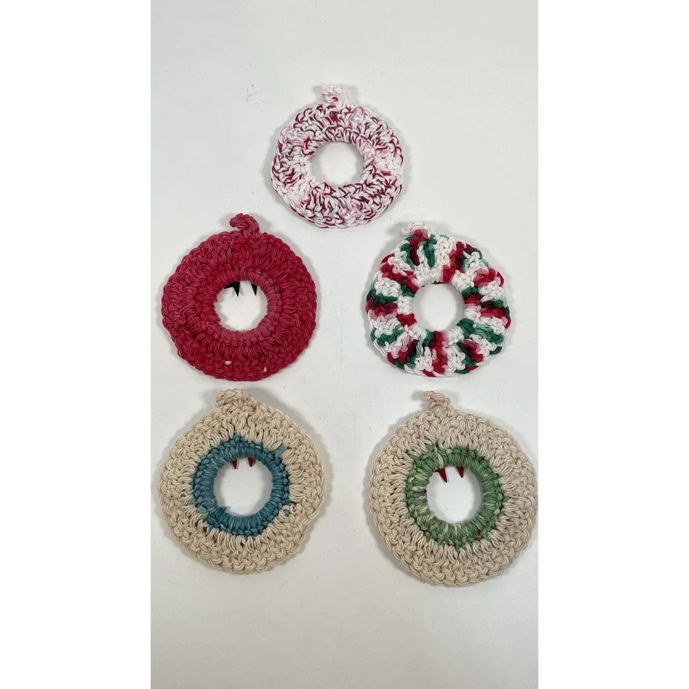 Lot of 5 Handmade Yarn Crochet Christmas Ornament Wreaths